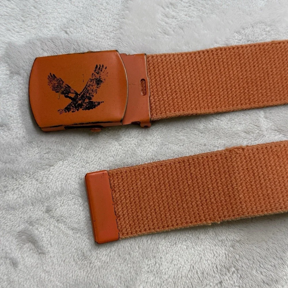 American Eagle Orange Web Belt Eagle Buckle Canvas Military Style Y2K